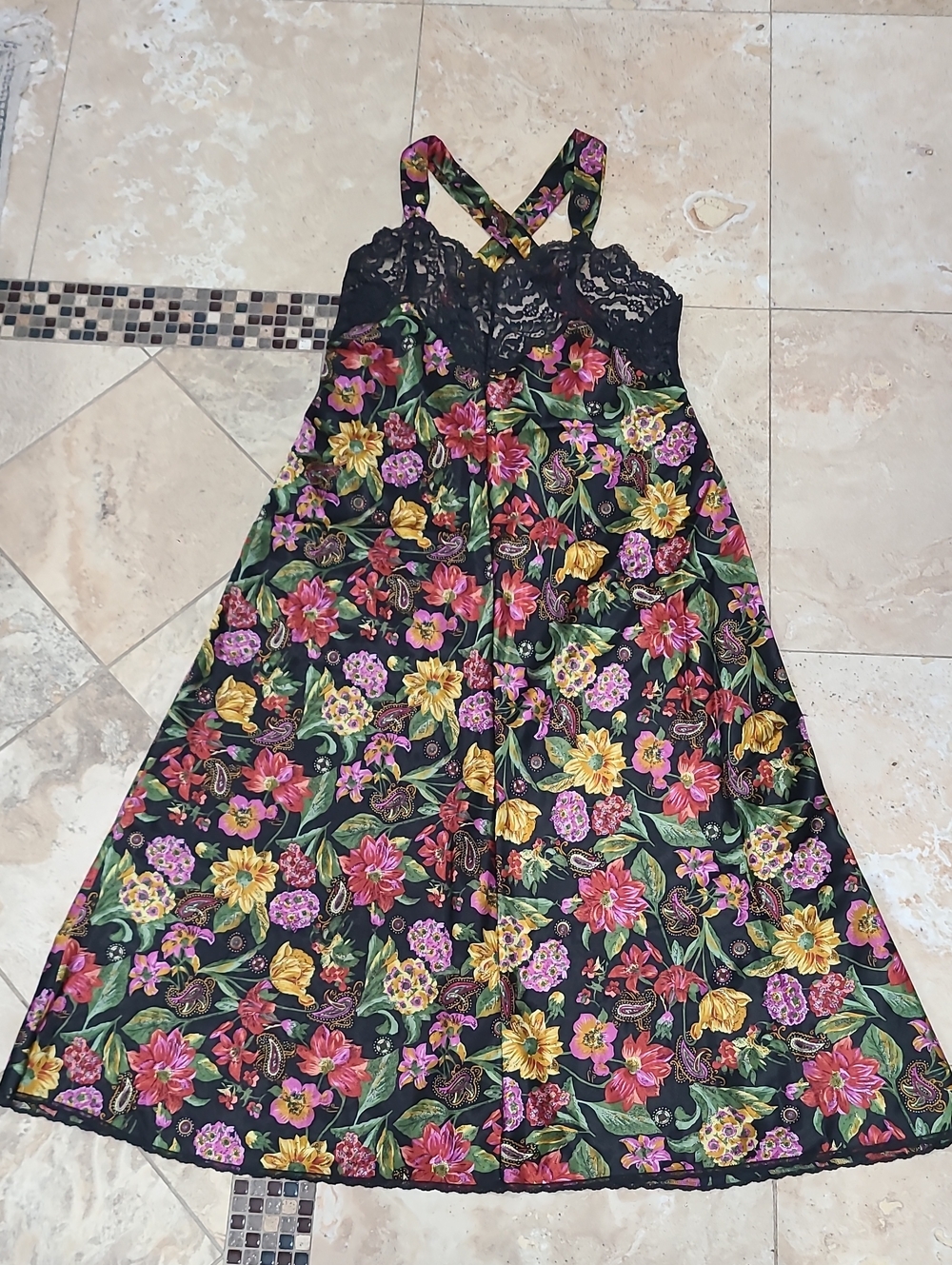 Vanity Fair Vintage Black Floral Lace Maxi Dress with Pink and Yellow Blooms - Picture 2 of 16